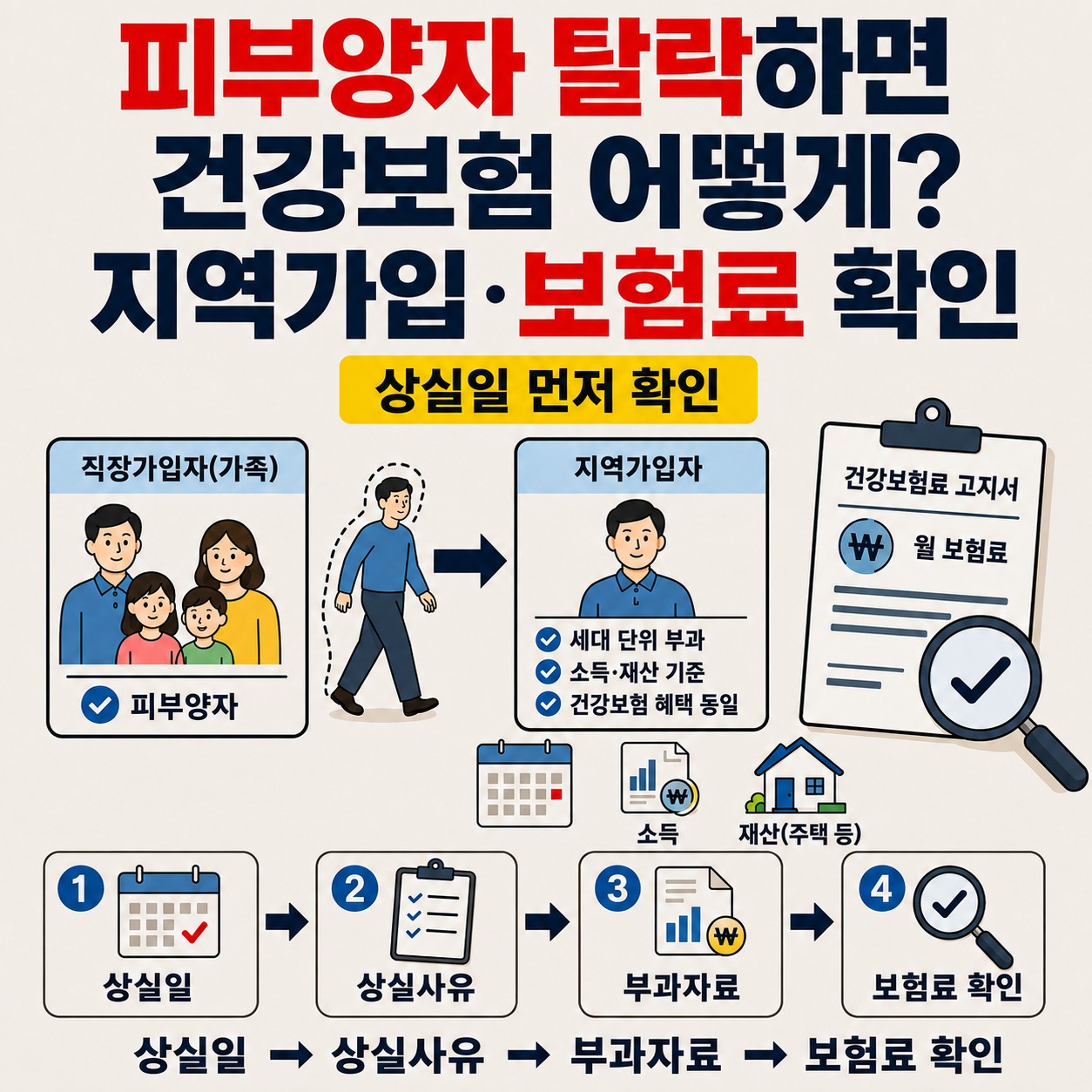 건강보험 피부양자 탈락 후 지역가입 전환과 보험료 확인 순서를 보여주는 인포그래픽